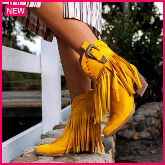 Women's Suede Fringe Cowboy Boots Snip Toe Pull On Western Ankle Booties - Picture 2 of 7